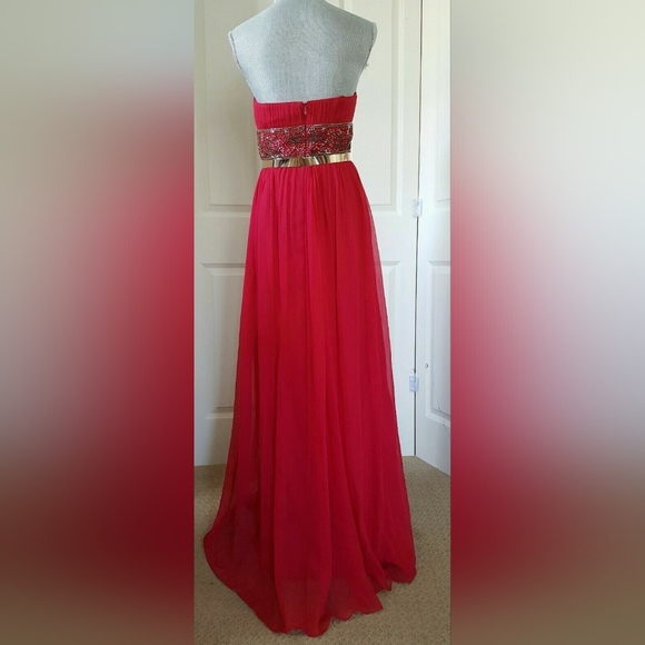 SALE🔖$395 NEW AIDAN MATTOX RUBIN RED SILK GOLD BEAD CHIFFON GOWN RUNWAY 6 M - Picture 6 of 8